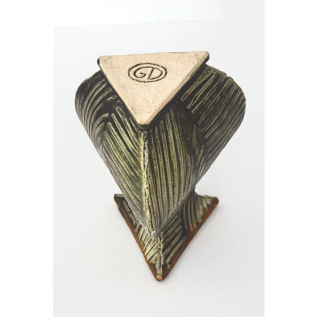 Gary DiPasquale, Postmodern Slip-Cast Stoneware Bud Vase, Geometric 3-Sided Flared Triangular - Olive Green For Sale - Image 9 of 11