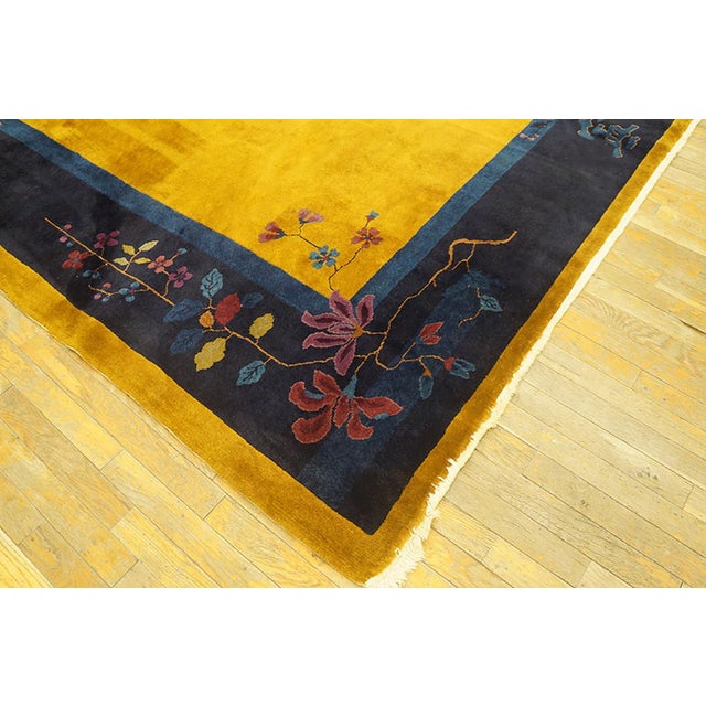 Textile 1920s Antique Chinese Minimalist Floral Art Deco Room Size Wool Blue Yellow Rug For Sale - Image 7 of 7