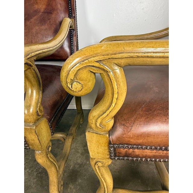 Mid 20th Century Pair of Mid-20th Century Italian Carved Armchairs With Leather Upholstery For Sale - Image 5 of 9