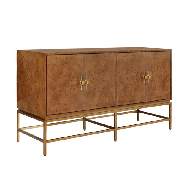 Worlds Away Matthew Izzo Home Ariel Dark Burlwood Four Door Buffet With Acrylic and Antique Brass Door Pulls and Antique Brass Base For Sale - Image 4 of 9