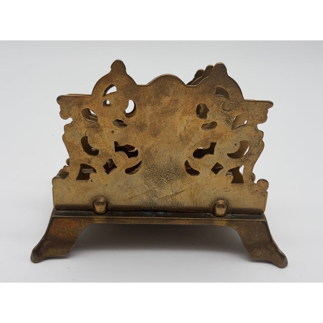 Early 20th Century Antique Ornate Brass 2-Slot Desktop Letter Rack With Shell Dish Tray For Sale - Image 5 of 8