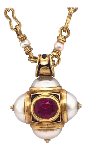Otto Jakob Lalibela Emerald Keshi Pearl Ruby Gold Cross Pendant Necklace