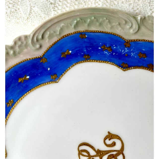 French 1920s Limoges Elite France “s. Keiner” Hand Painted Plate - Cobalt Blue Band, Gold Monogram Center, Pearlescent Finish on Rim, Scalloped For Sale - Image 3 of 8