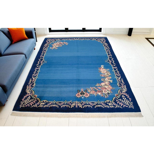 Mid-Century Modern 1980s Handmade Rug Blue Turkish Rug - 6'6" X 9'1" For Sale - Image 3 of 18