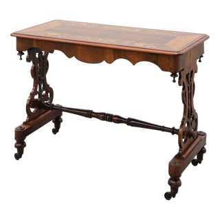 Victorian Walnut Side Table with Inlaid Top and Pierced Scroll Ends, England, 1870 For Sale