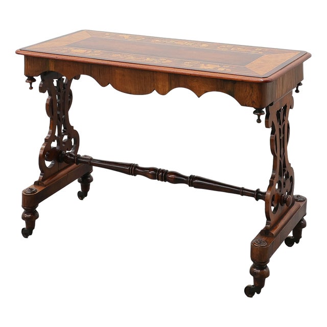 Victorian Walnut Side Table with Inlaid Top and Pierced Scroll Ends, England, 1870 For Sale