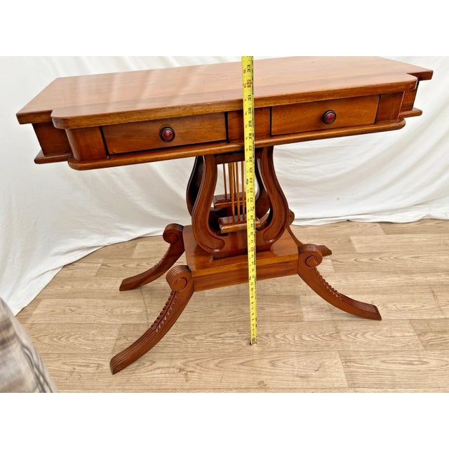 Wood 1960s Console Table Lyre Violin Double Harp Pedestal Base Two Drawers Carved Walnut For Sale - Image 7 of 10