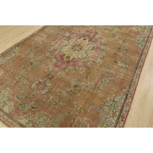 Farmhouse Tabriz Rug 7’7” X 10’7” Brown Wool Vintage Distressed Hand-Knotted Carpet For Sale - Image 3 of 15