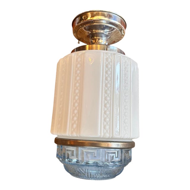Art Deco Skyscraper/ Greek Key Pattern Shade on Original Chrome Holder, Circa 1930 For Sale