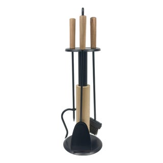 Modern Fireplace Tool Set (66cm) Matte Black & Natural Wood Handles – 4 Piece Kit For Sale