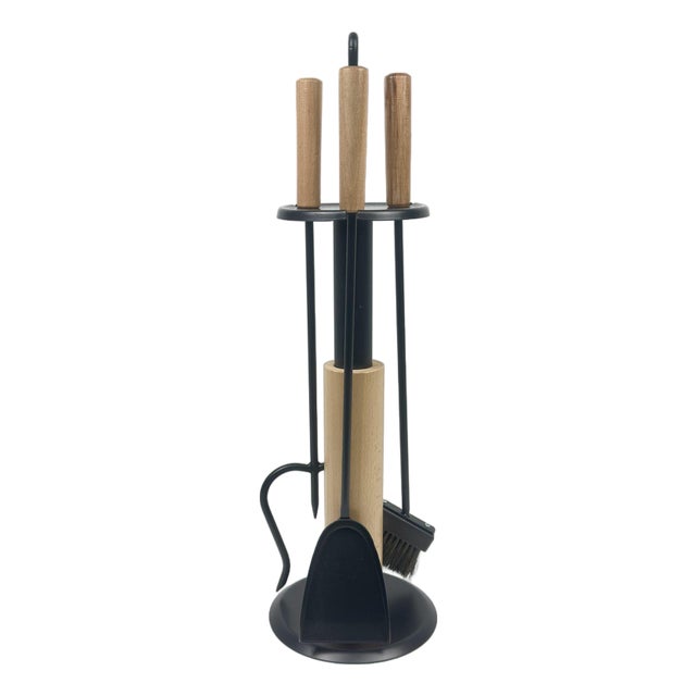 Modern Fireplace Tool Set (66cm) Matte Black & Natural Wood Handles – 4 Piece Kit For Sale