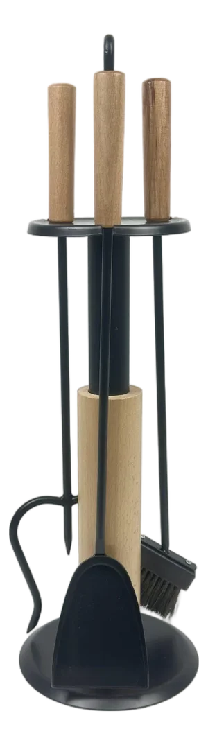 Modern Fireplace Tool Set (66cm) Matte Black & Natural Wood Handles – 4 Piece Kit