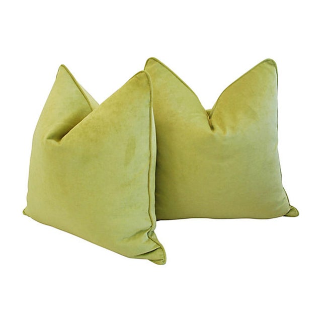 Mid-Century Modern Spring Apple Green Cotton Velvet Feather/Down Pillow 20" Square - Pair For Sale - Image 3 of 5