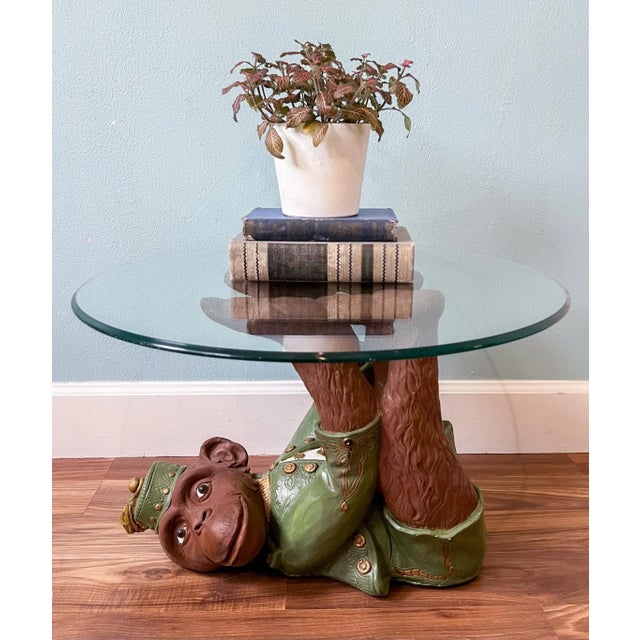 1960's Plaster Bell Hop Monkey Side Table With Glass Top