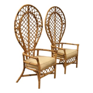 1970s Monumental Pair of Balloon Back Bamboo & Rattan Lounge Chairs For Sale