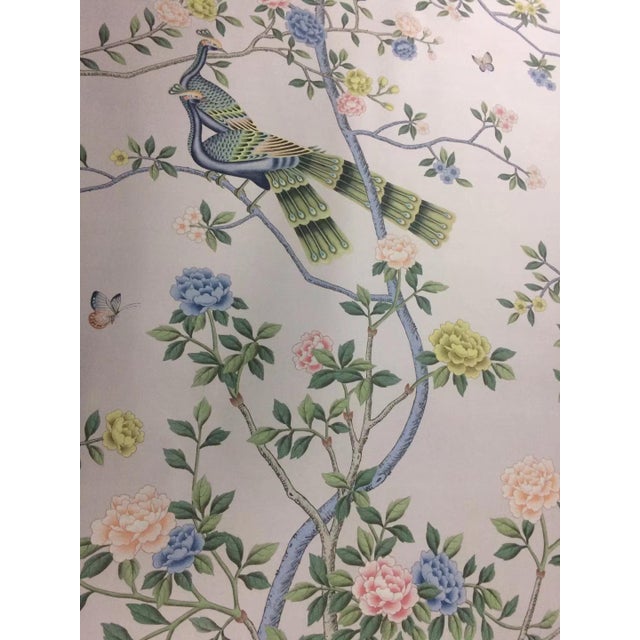 Hand Painted Chinoiserie Peacock Peony Botanical Wallpaper Panels, Soft Pastel Oriental Floral Wall Mural For Sale - Image 4 of 7