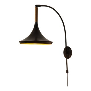 Mid Century Modern Lodi Wall Sconce - Matte Black & Walnut, Plug-In For Sale