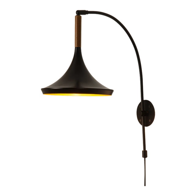 Mid Century Modern Lodi Wall Sconce - Matte Black & Walnut, Plug-In For Sale