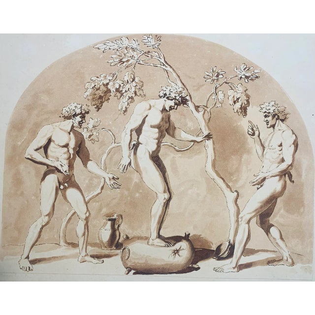 Antique original print of three Dionysus figures with a grape vine making wine. Print is in very good condition but shows...