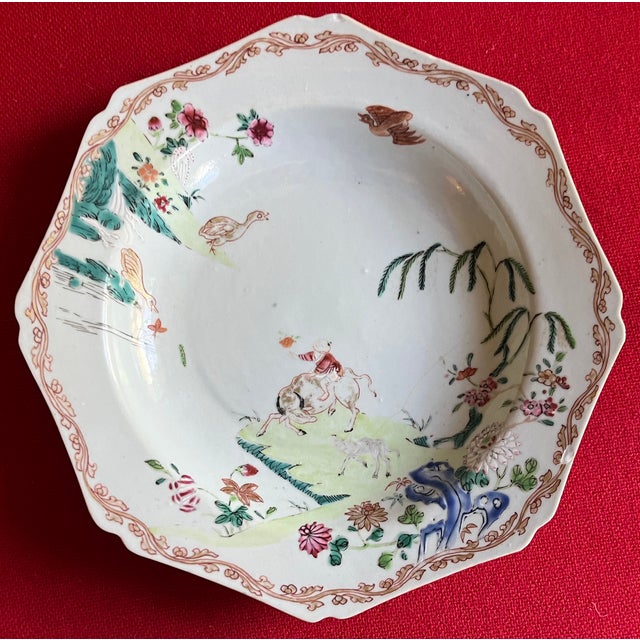 Chinese Antique 18th Century Chinese Export Porcelain Octagonal Plate With Boy Riding a Buffalo For Sale - Image 3 of 7