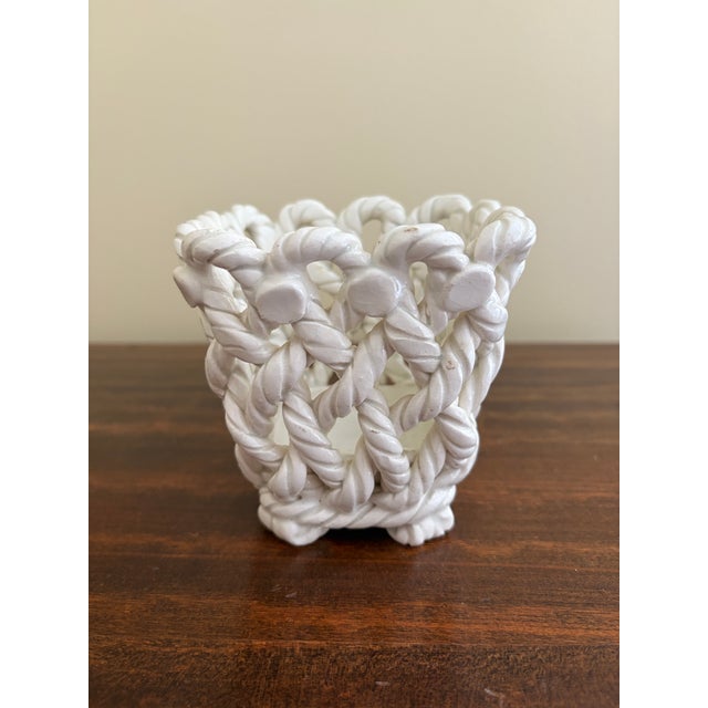 French Country French Country White Ceramic Woven Rope Cachepot Basket For Sale - Image 3 of 8