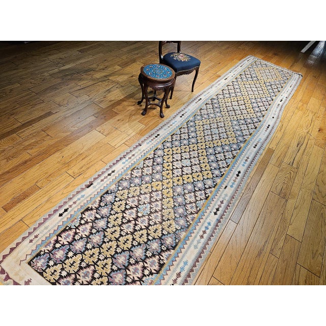 Textile Vintage Persian Qazvin Tribal Kilim Runner, Handwoven Allover Paisley Pattern, Brown & Ivory, 4’ x 18’ For Sale - Image 7 of 17
