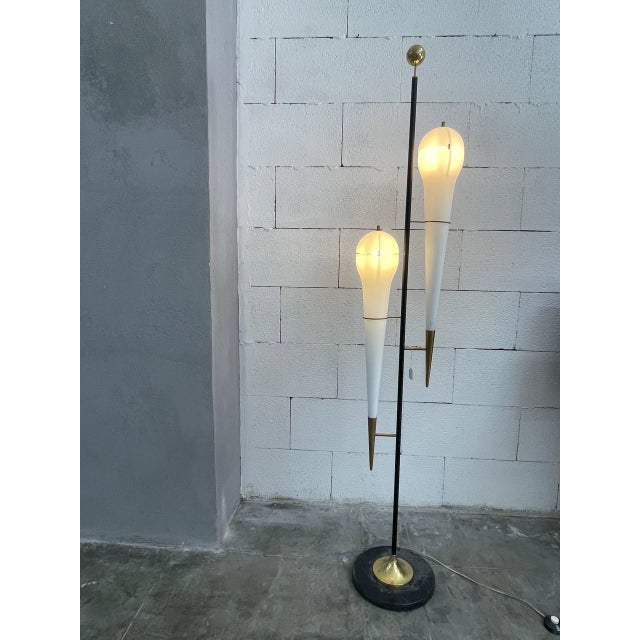 Angelo lelii, arredoluce floor lamp mod. 12829 '60 original electrical system marble base, brass frame, and white opal...