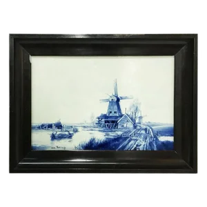 Dutch Delft Bottle Plaque Depicting Windmills in a Dutch Landscape from Porceleyne Fles, 1892