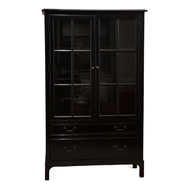 Bronson Mahogany Glass Door Bookcase Cabinet in Heritage Black Attributed to Pottery Barn For Sale
