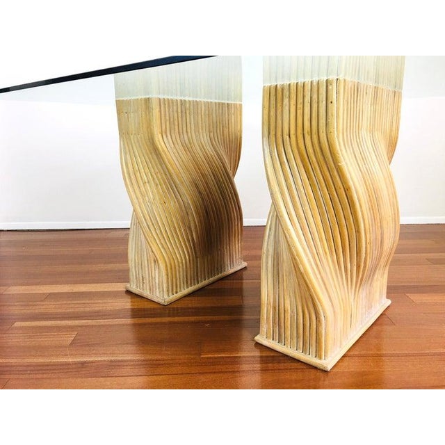 1980s Vintage McGuire Twisted Rattan Double Pedestal Organic Modern Glass Top Dining Table For Sale - Image 5 of 12