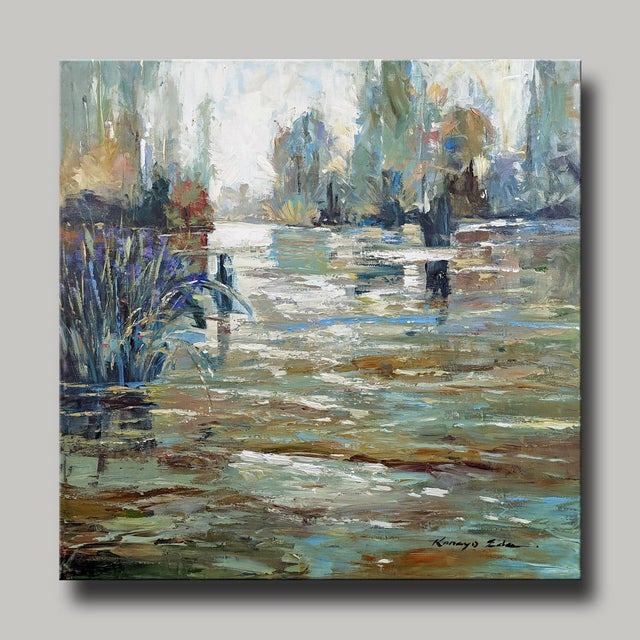 Reflection Waters: Sage green swamp scenery landscape painting on gallery wrap canvas. Painting extends to the sides....