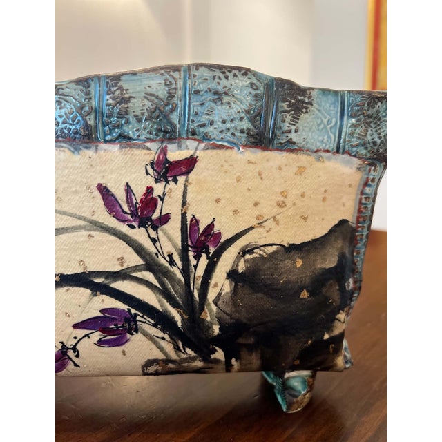 Early 21st Century R. Maze Hand-Painted Ceramic Jardinière, “Orchids and Rocks,” 2012 For Sale - Image 5 of 8