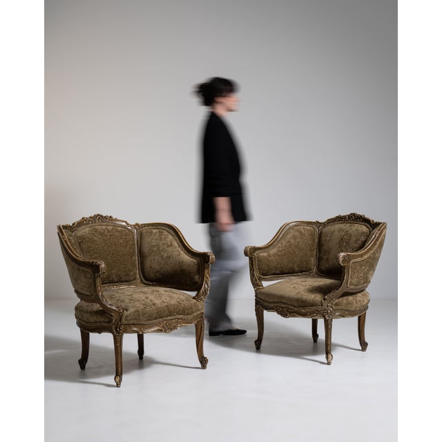 Olive Pair of Louis XV Upholstered Armchairs, Rococo Style, France, Circa 1900 For Sale - Image 8 of 11