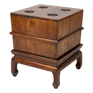 Vintage Ming-Style Carved Hardwood Ice Chest Style Storage Box End Table on Stand For Sale