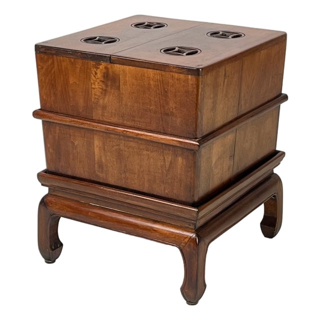 Vintage Ming-Style Carved Hardwood Ice Chest Style Storage Box End Table on Stand For Sale