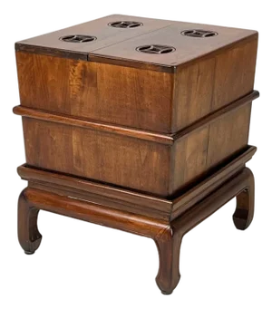 Vintage Ming-Style Carved Hardwood Ice Chest Style Storage Box End Table on Stand