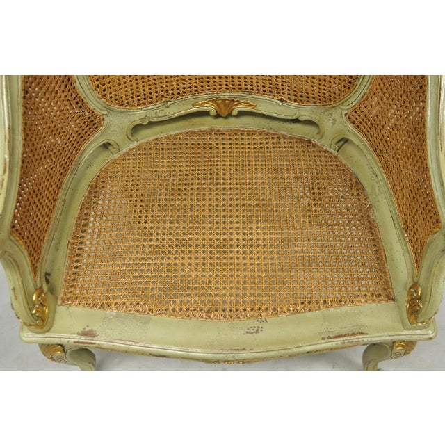 Green Vintage French Louis XV Style Green Painted Gold Gilt Cane Bergere Arm Chair For Sale - Image 8 of 17