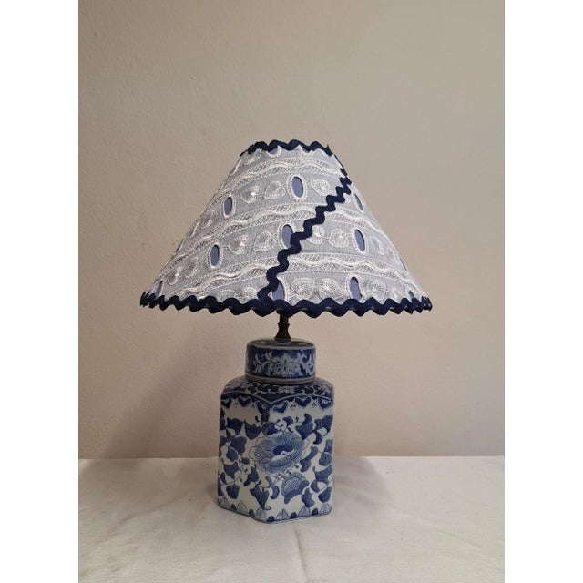 Vintage Table Lamp with Blue and White Porcelain Base and Handmade Fabric Shade from Lamplove, 1990s For Sale - Image 3 of 8