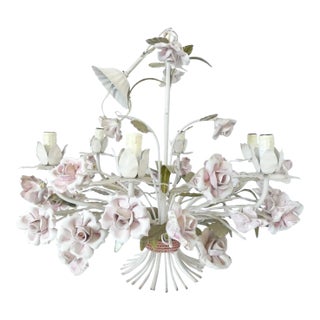 French Vintage Tole Porcelain Rose Chandelier For Sale