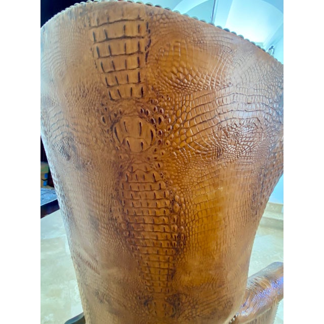 Brown Dessin Fournir Crocodile Embossed Leather Wingback Statement Chair For Sale - Image 8 of 11