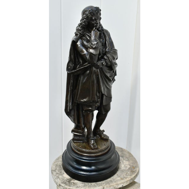 Antique Spelter Figure of European Renaissance Scholar on Wooden Base For Sale In Philadelphia - Image 6 of 13