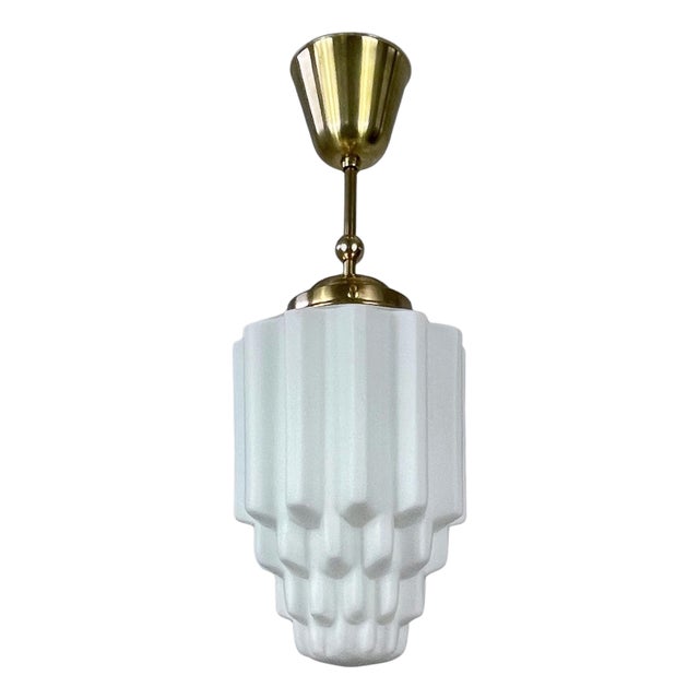 Art Deco White Opaline Glass and Brass Skyscraper Pendant Light, 1930s For Sale