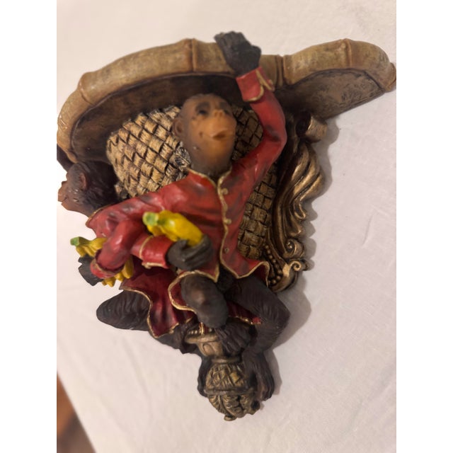 Brown Late 20th Century Hollywood Regency Monkey Wall Shelf Whimsical Red Jacket Bracket With Bamboo Top For Sale - Image 8 of 9