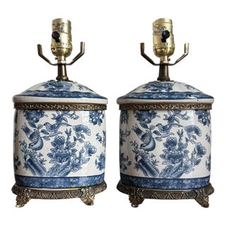 Vintage Blue White Chinoiserie Ginger Jar Porcelain Brass Table Lamps - a Pair For Sale