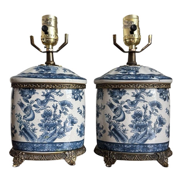 Vintage Blue White Chinoiserie Ginger Jar Porcelain Brass Table Lamps - a Pair For Sale