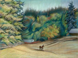 Horse Pasture, Neo-Impressionist Original Landscape Pastel Painting