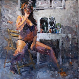 Smoke Break by Clyde Steadman | Oil Painting of a woman sitting in lingerie with a mirror and vanity For Sale