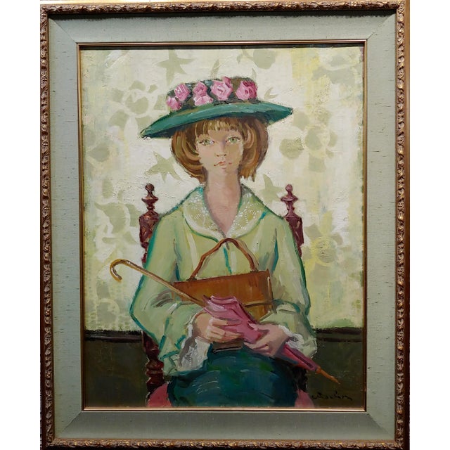 Andre Chochon -Portrait of a Big Green Eyes Girl in a Hat -Oil painting oil painting on canvas -Signed circa 1960s Canvas...