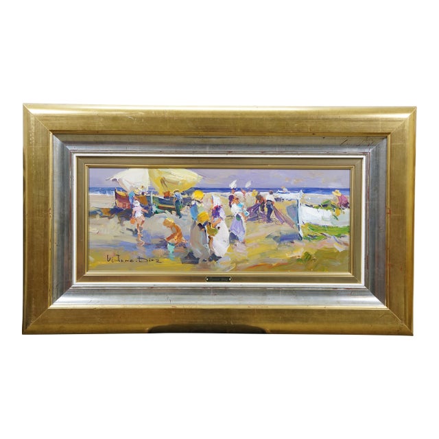 Ventura Diaz ''Fisherman' Oil Painting Impressionist Seascape Beach Canvas 35" For Sale