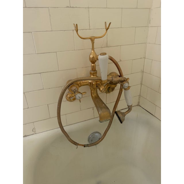 1970s Czech & Speake London Brass Wall-Mount Tub & Shower Faucet Set With Hand Shower For Sale - Image 5 of 6
